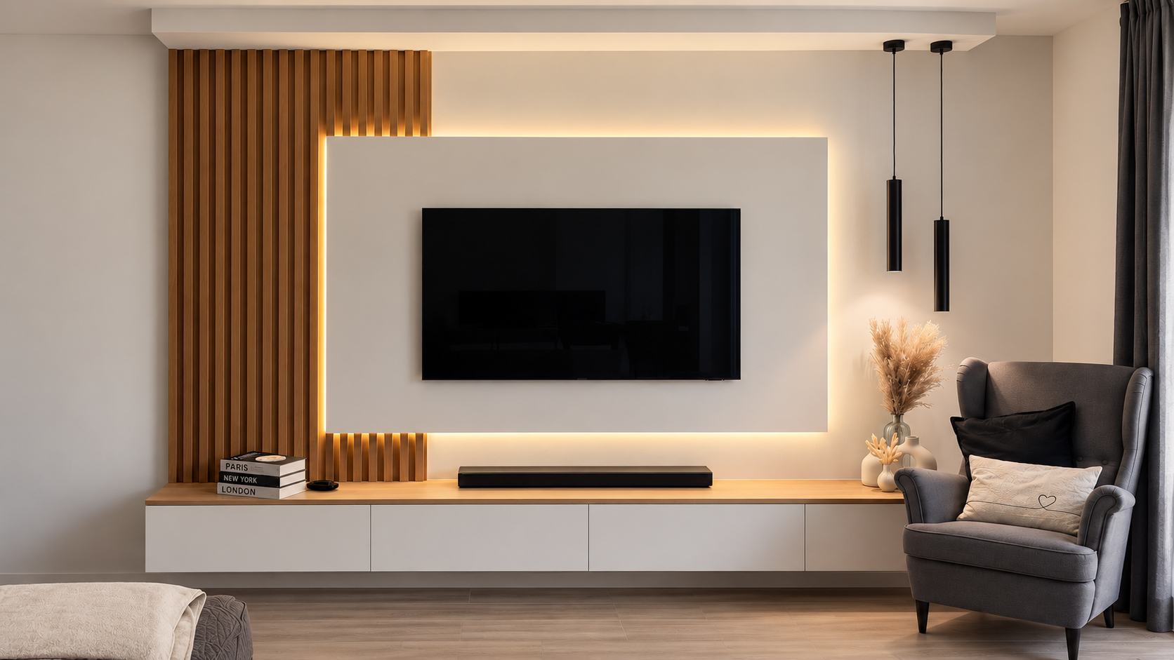 Salon moderne avec un mur blanc, télévision à écran plat, suspension noire, et fauteuil gris avec coussin blanc décoratif.