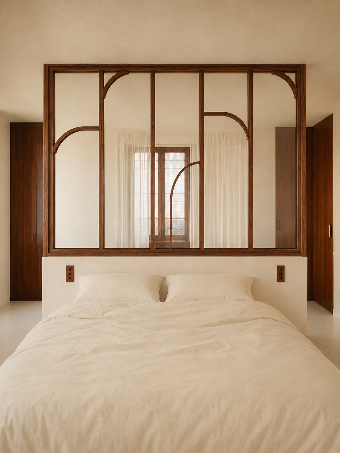 Chambre avec un lit et une tête de lit en bois, séparée par une cloison en bois avec des cadres en verre, fenêtre avec rideaux translucides en arrière-plan.