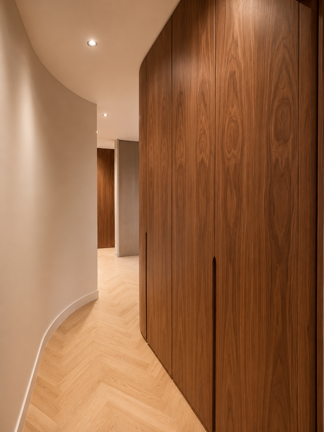 Passage courbé avec mur en bois massif et sol en parquet clair