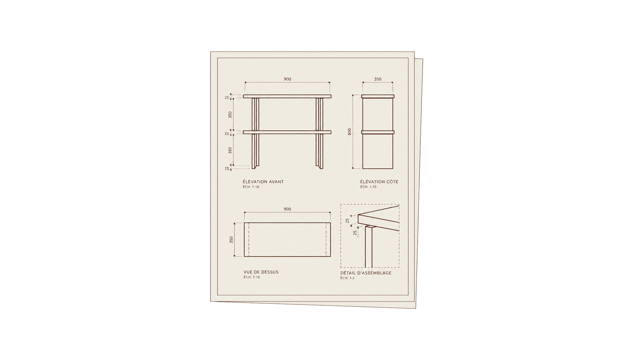 Plan technique d'une table en dessin architectural avec dimensions et détails d'assemblage.