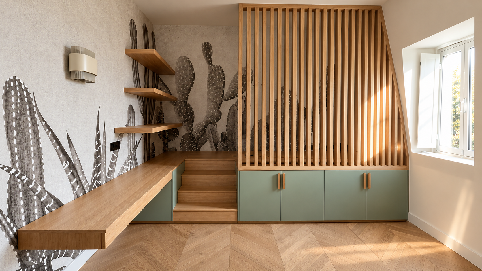 Intérieur moderne avec bureau en bois intégré, étagères murales, escalier compact, rangements vert sauge et claustra en tasseaux de bois devant une fenêtre.