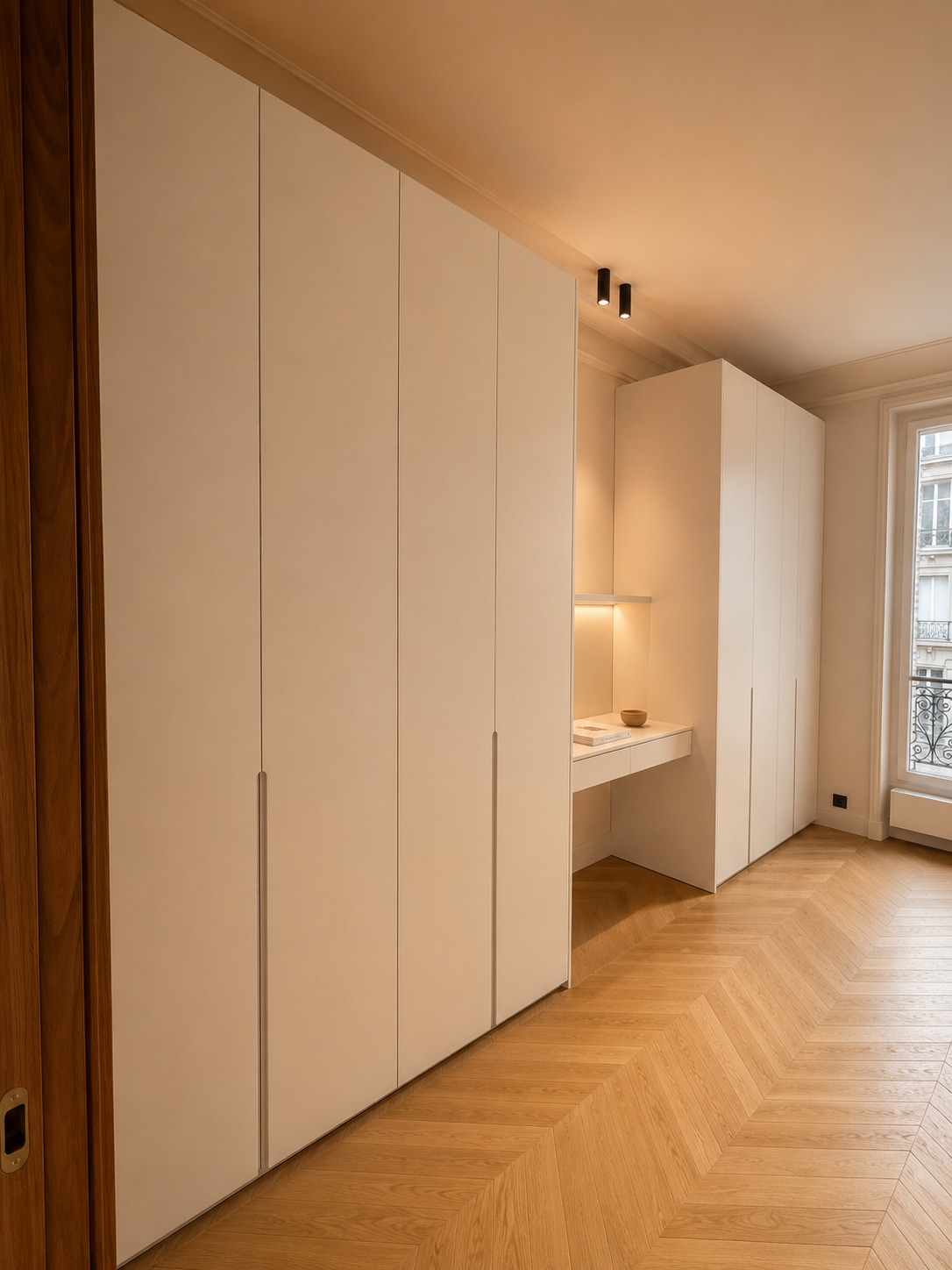 Une pièce avec armoires blanches, un plan de travail intégré, un mur blanc, un parquet en bois clair, et une grande fenêtre avec balustrade en fer forgé.