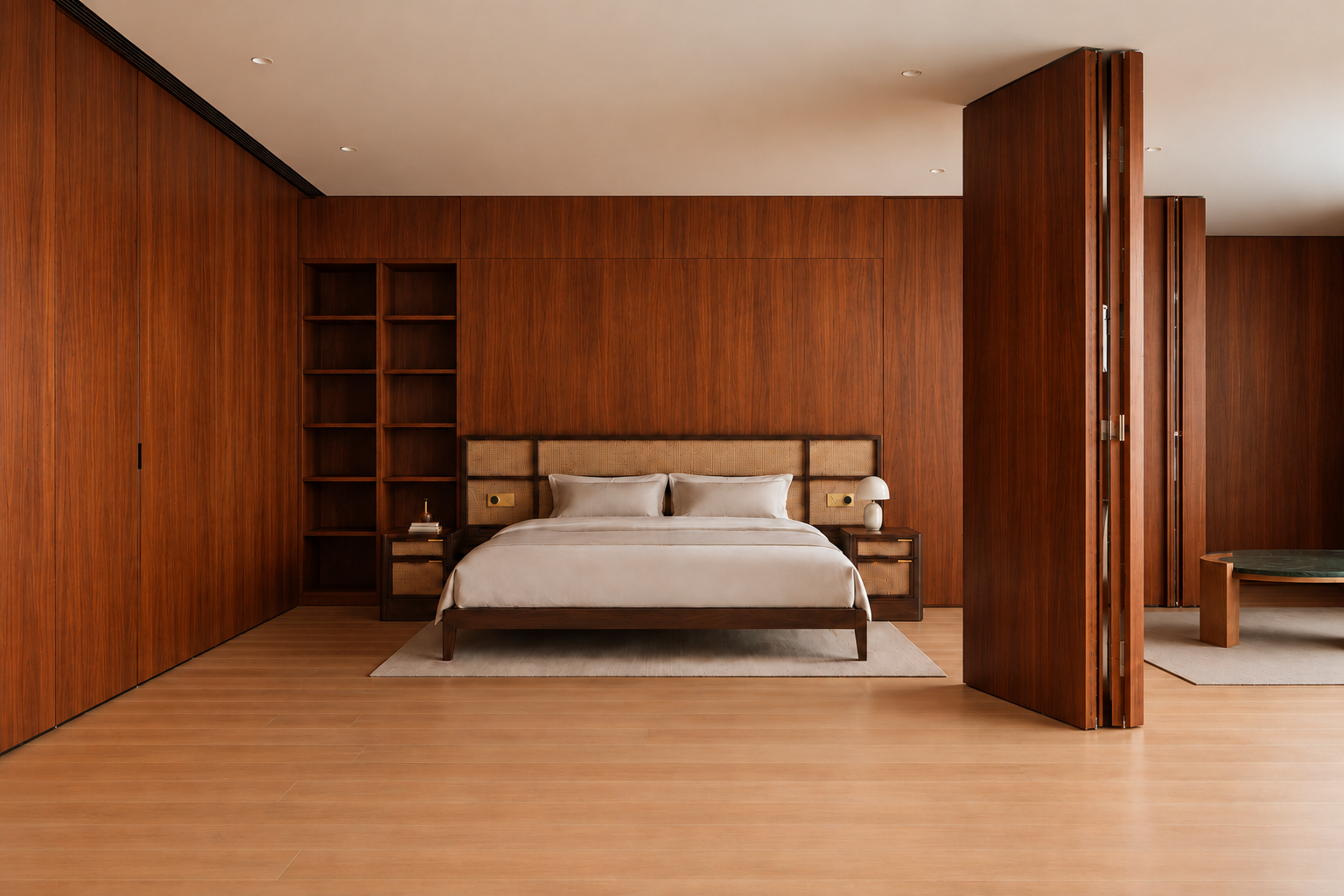 Chambre moderne avec mur en bois clair, lit avec tête de lit en tissu beige, tables de nuit avec lampes blanc, décor minimaliste, sol en bois clair, séparation en bois sur le côté droit.