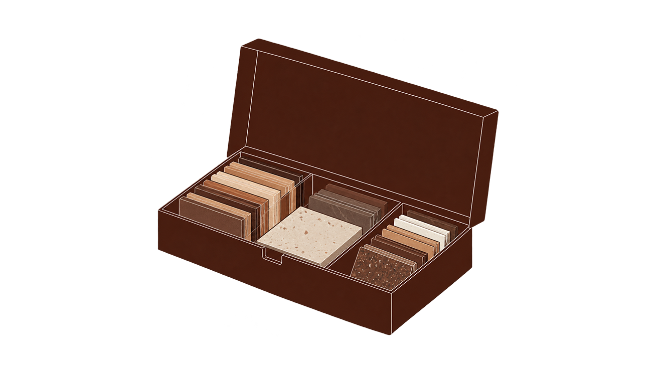 Une boîte en bois contenant différentes dalles de céramique ou de pierre pour échantillons.