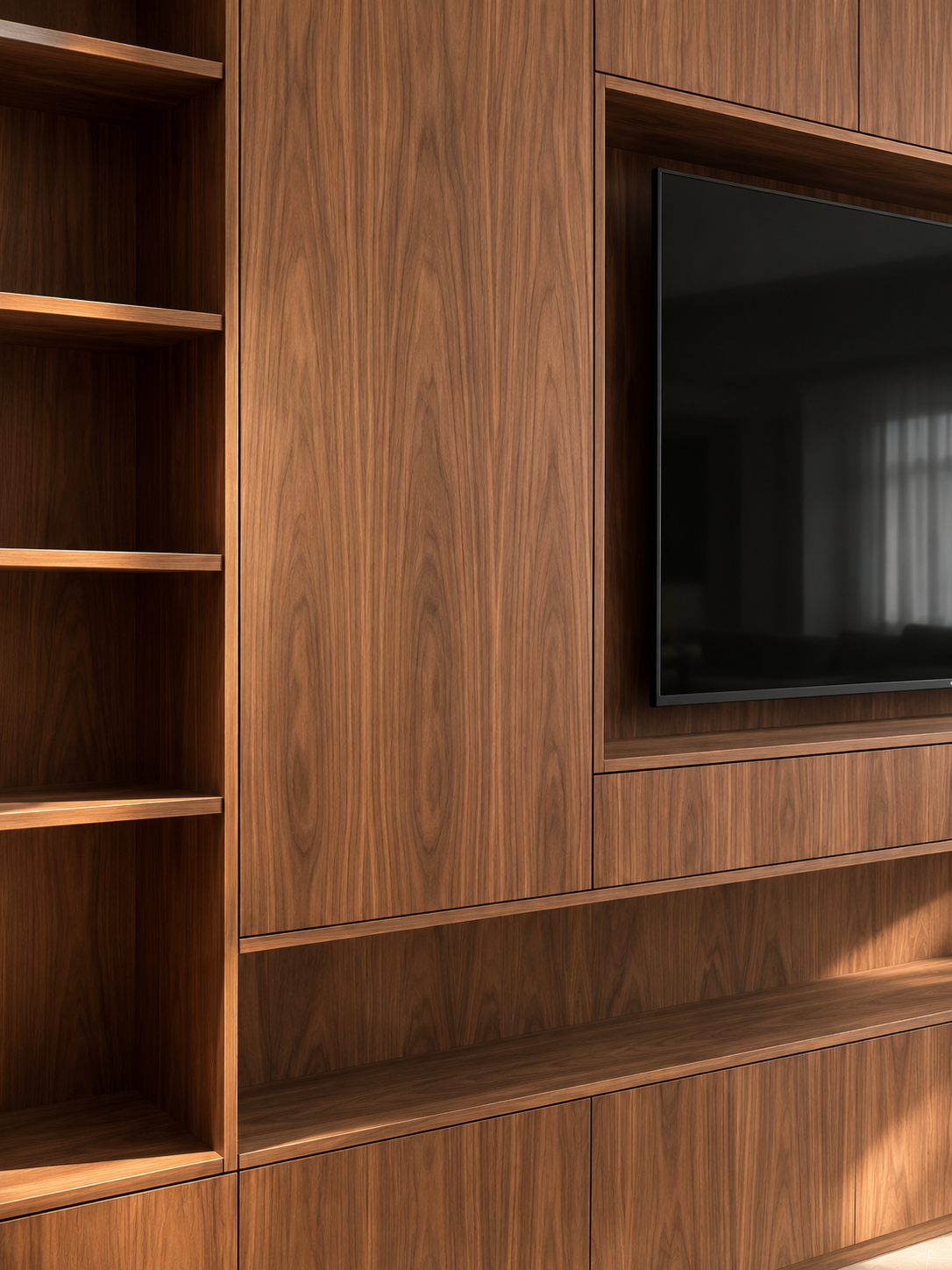 Mur en bois avec une étagère en bois et un téléviseur à écran noir.