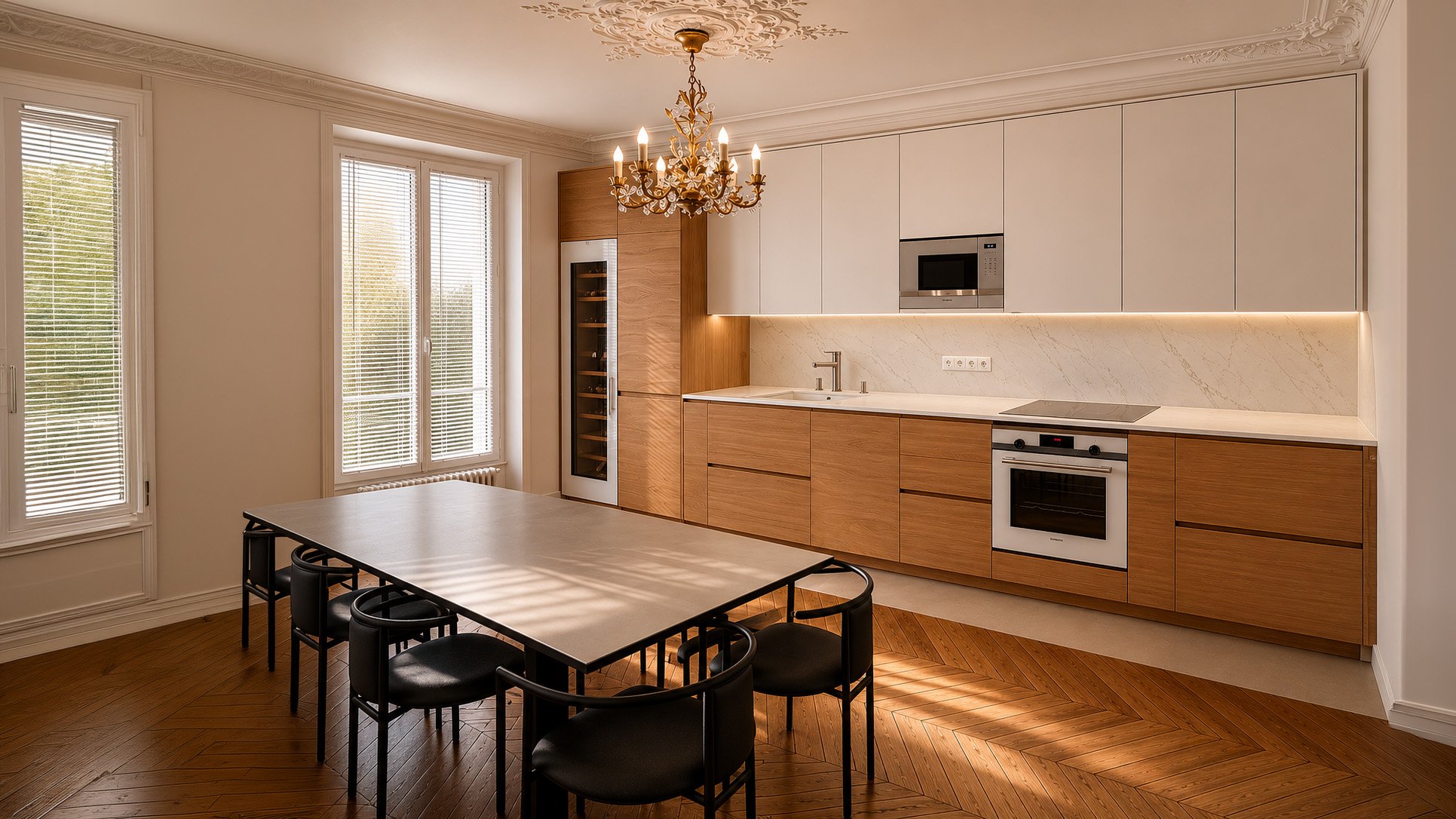 Cuisine moderne avec armoires en bois clair et blanc, éclairage encastré sous les armoires, équipée d'un four, micro-ondes, réfrigérateur vitré, évier, table à manger noire avec six chaises