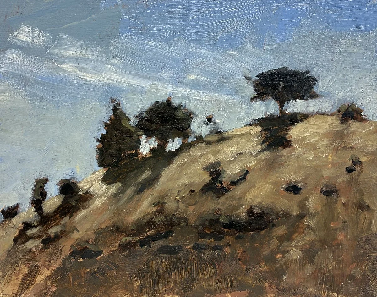 An impressionist-style landscape painting of a hillside with trees, under a sky with wispy clouds.