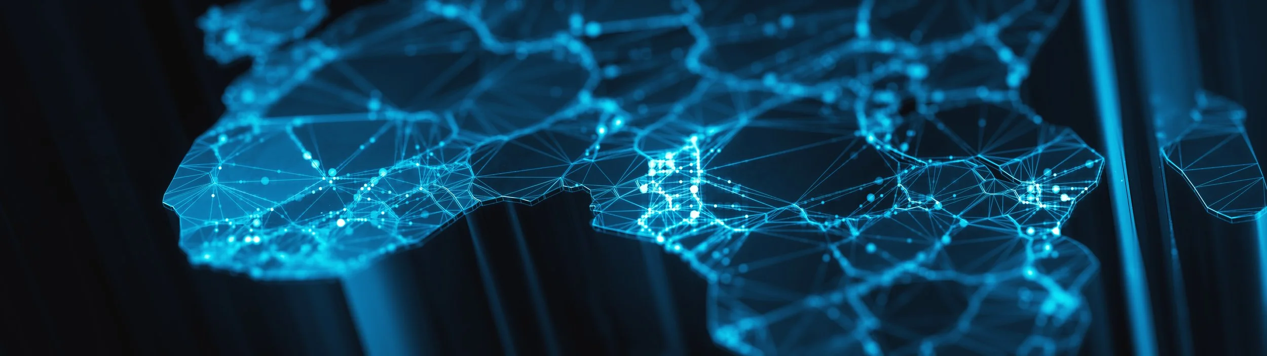 Digital mainlands from space. Cities and countries connected by plexus light lines. Virtual continents. Creative technology, ultra wide background. Concept of transfering information. 3d rendering. By S.Gvozd