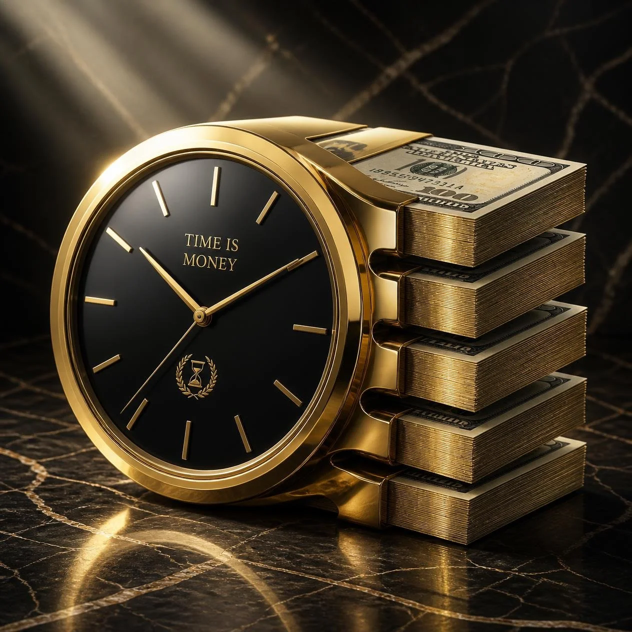 A gold and black clock with the phrase "Time is Money" on the face, designed to resemble a stack of U.S. hundred-dollar bills, placed on a dark marble surface.