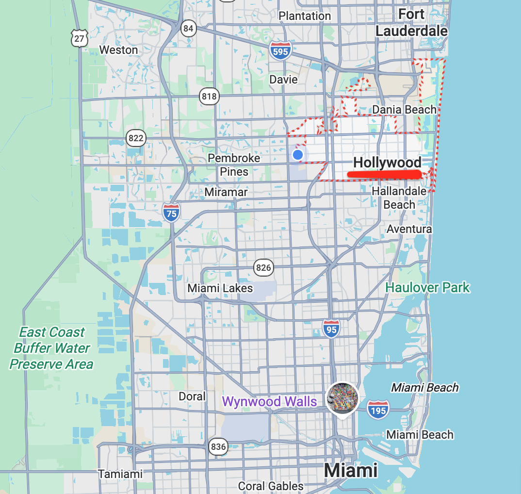 Map of Miami, Florida, showing the location of Wynwood Walls with a circular thumbnail and surrounding neighborhoods, streets, and parks.
