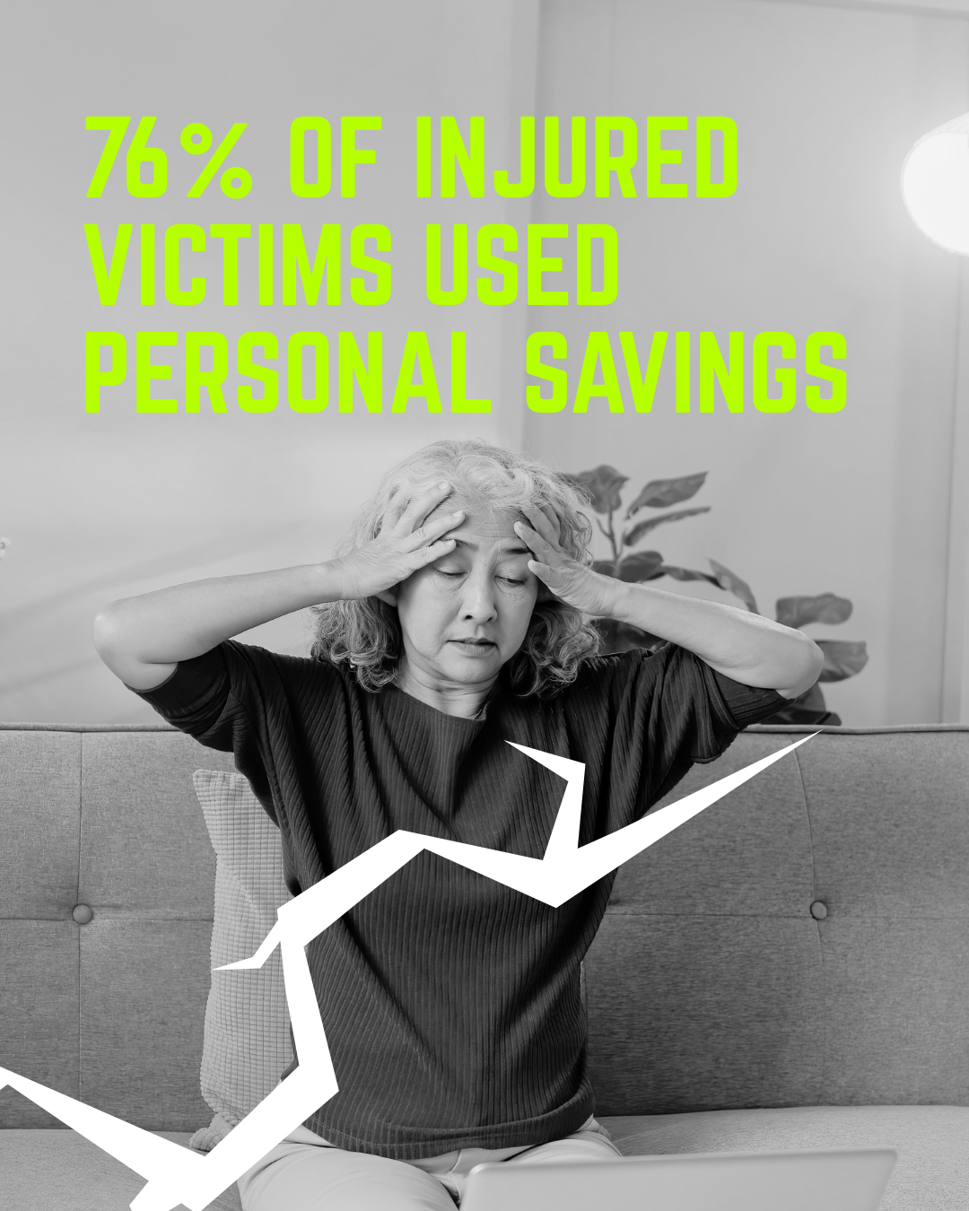 A woman holding her head in stress, with a graph showing an increase, overlaid with the text "76% of injured victims used personal savings".