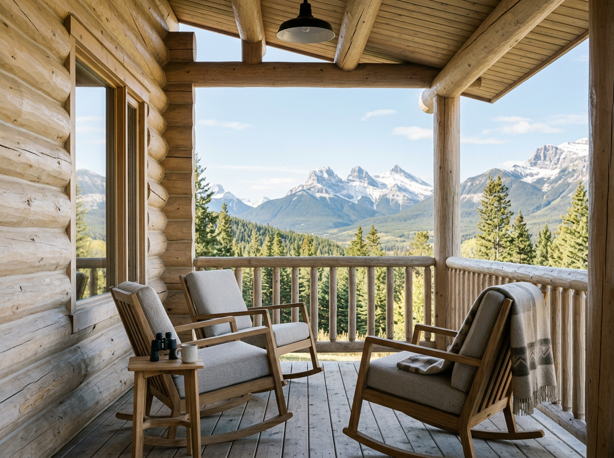 On a wooden porch with log walls, four chairs with cushions face a scenic mountain view with snow-capped peaks and evergreen trees.