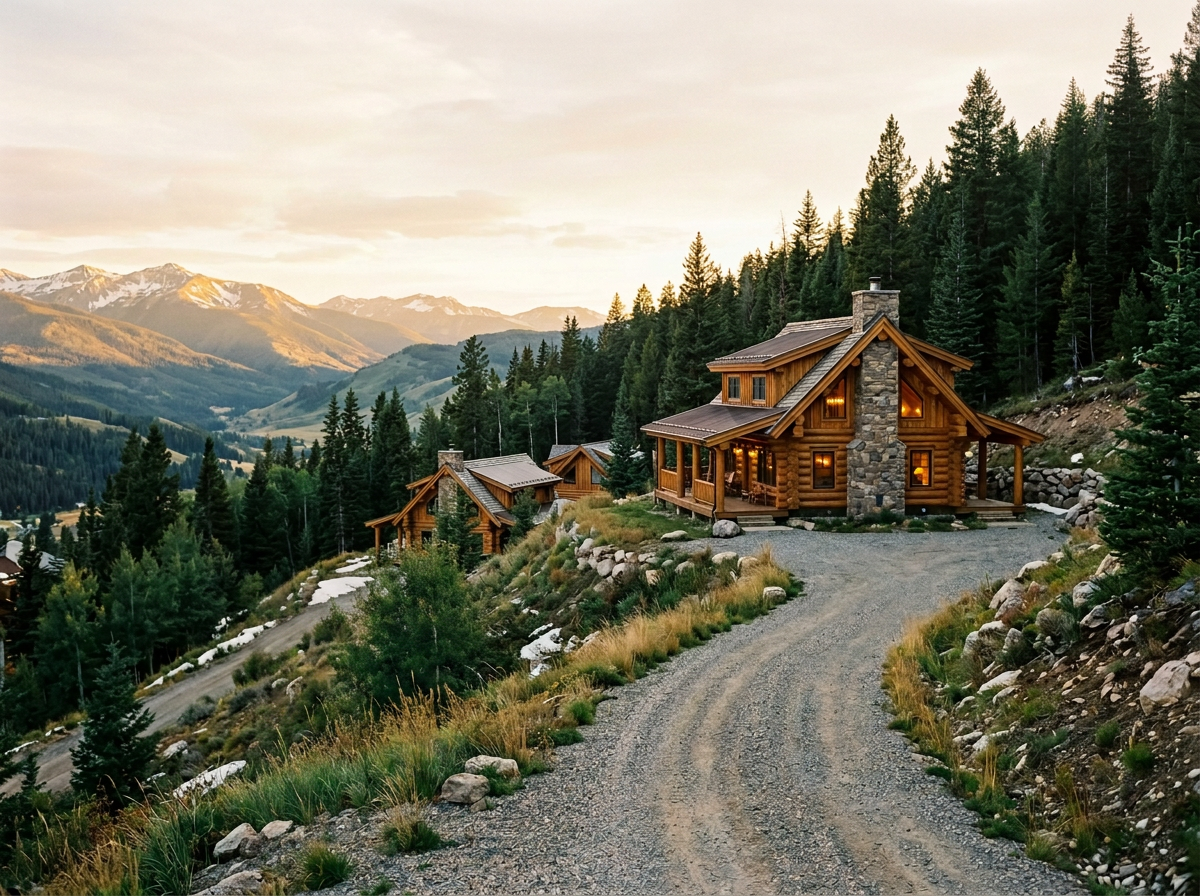 A rustic log cabin with a stone chimney sits on a hillside, surrounded by pine trees, during sunset with snow-capped mountains in the background.