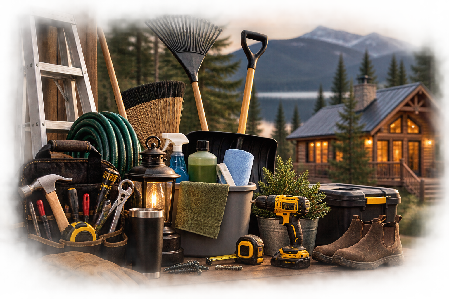 Tools and cleaning supplies arranged outdoors with a mountain cabin and forest in the background.