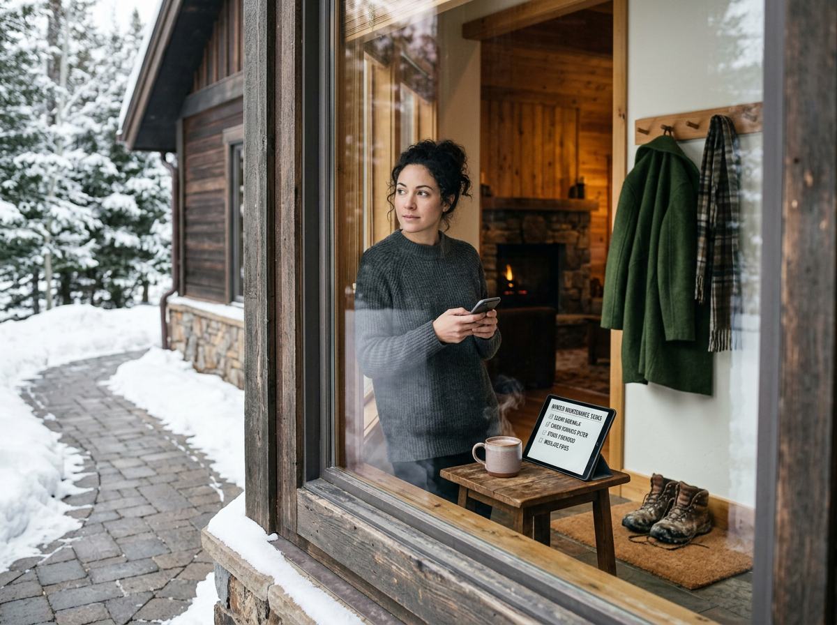 Woman standing inside a house looking out a window in winter, holding a phone, with a coffee mug and tablet on a small table.