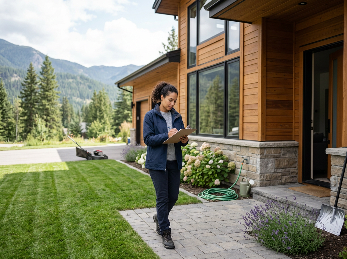 A woman takes notes on a clipboard outside a wooden house in a mountainous area, with a well-maintained lawn and gardening tools nearby.