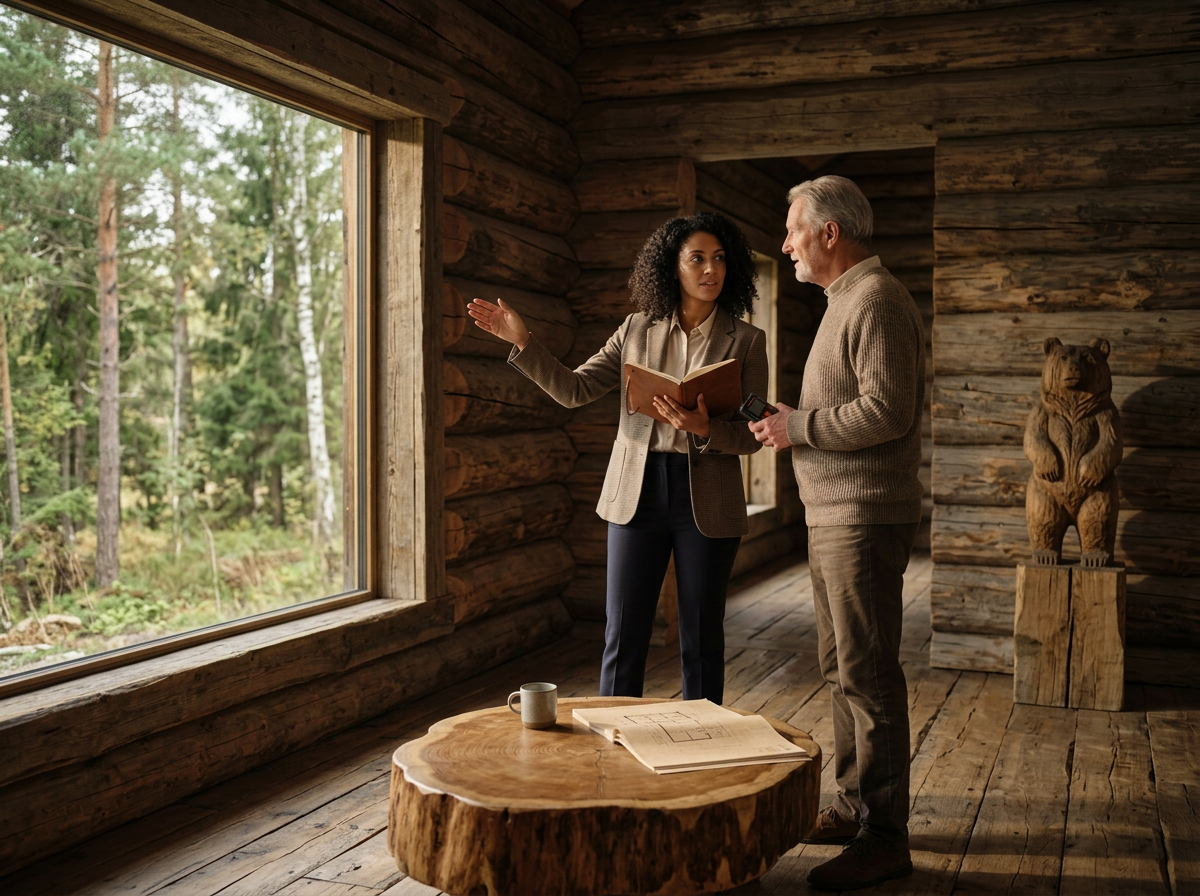 A woman and a man are having a conversation inside a rustic wooden cabin with a large window looking out into a forest. The woman is gesturing with her hand while holding an open notebook, and the man is holding a small device. There is a wooden coffee table with a mug and some papers on it, and a carved bear sculpture on a pedestal in the background.