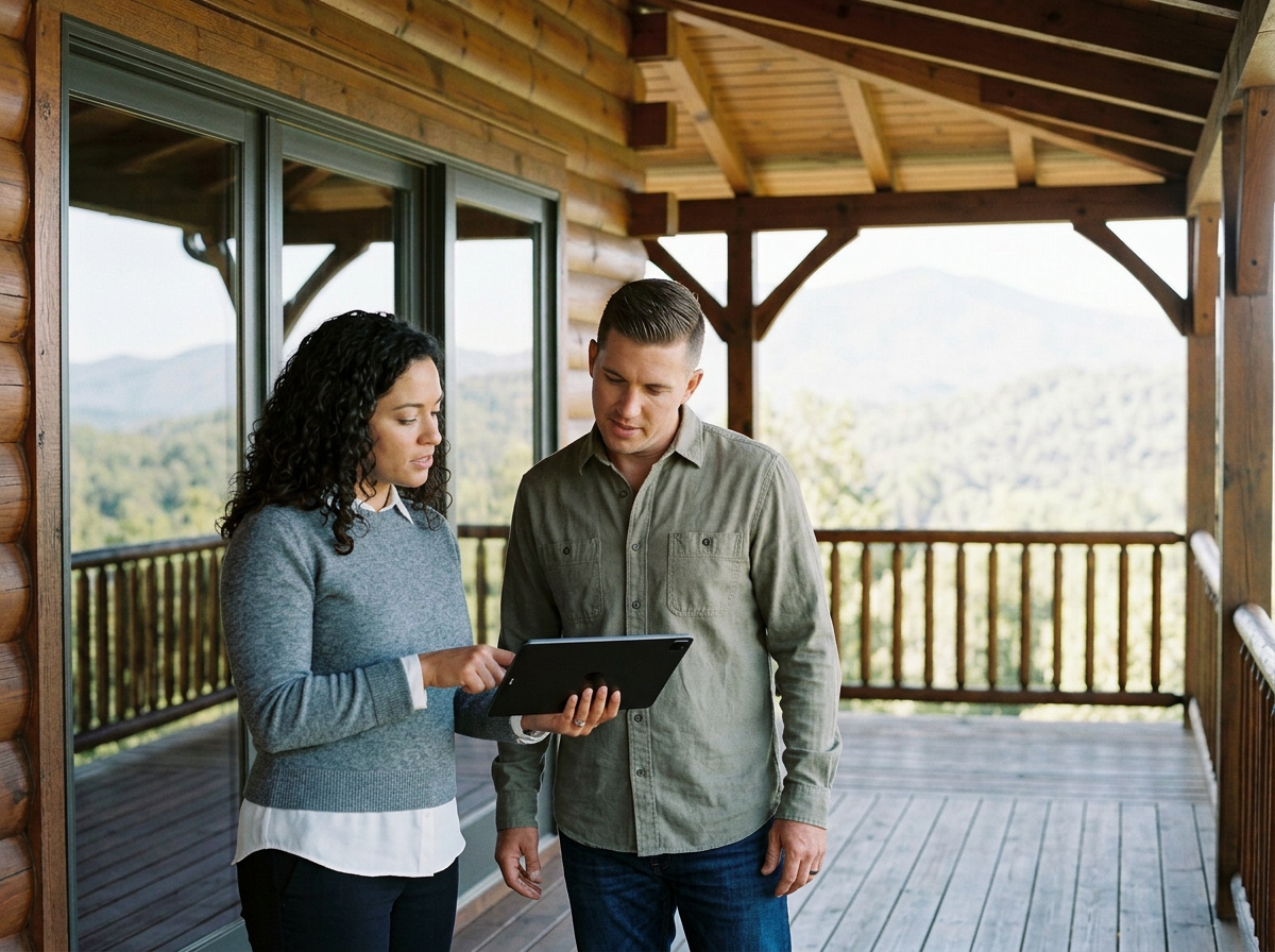 A woman and a man standing on a wooden balcony, looking at a tablet together, with a scenic mountain view in the background.