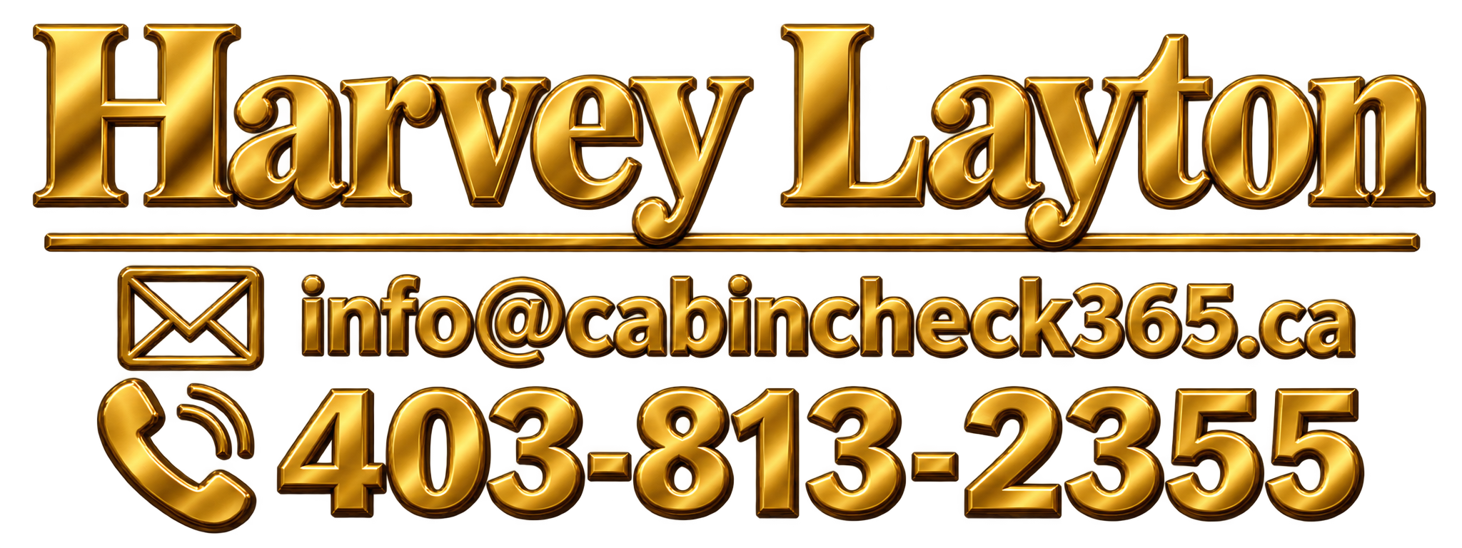 Gold 3D styled text with contact information including email, website, and phone number for Harvey Layton.
