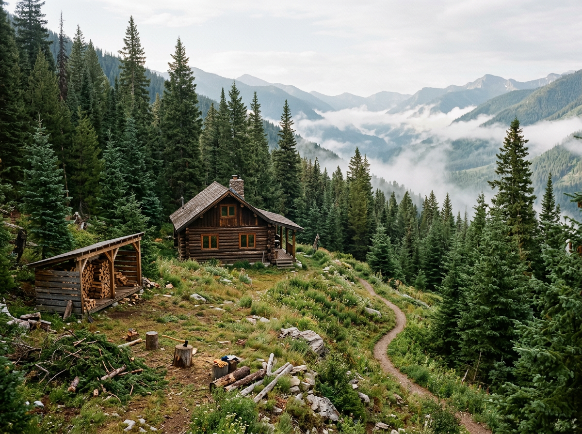 A wooden cabin in the middle of a dense forest with tall pine trees, a trail leading to the cabin, mountains in the background, and clouds in the sky.