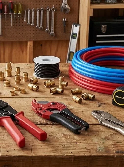 A workbench with plumbing fittings, tools, and tubing, including brass elbows, a pipe cutter, pliers, and red and blue flexible tubing.