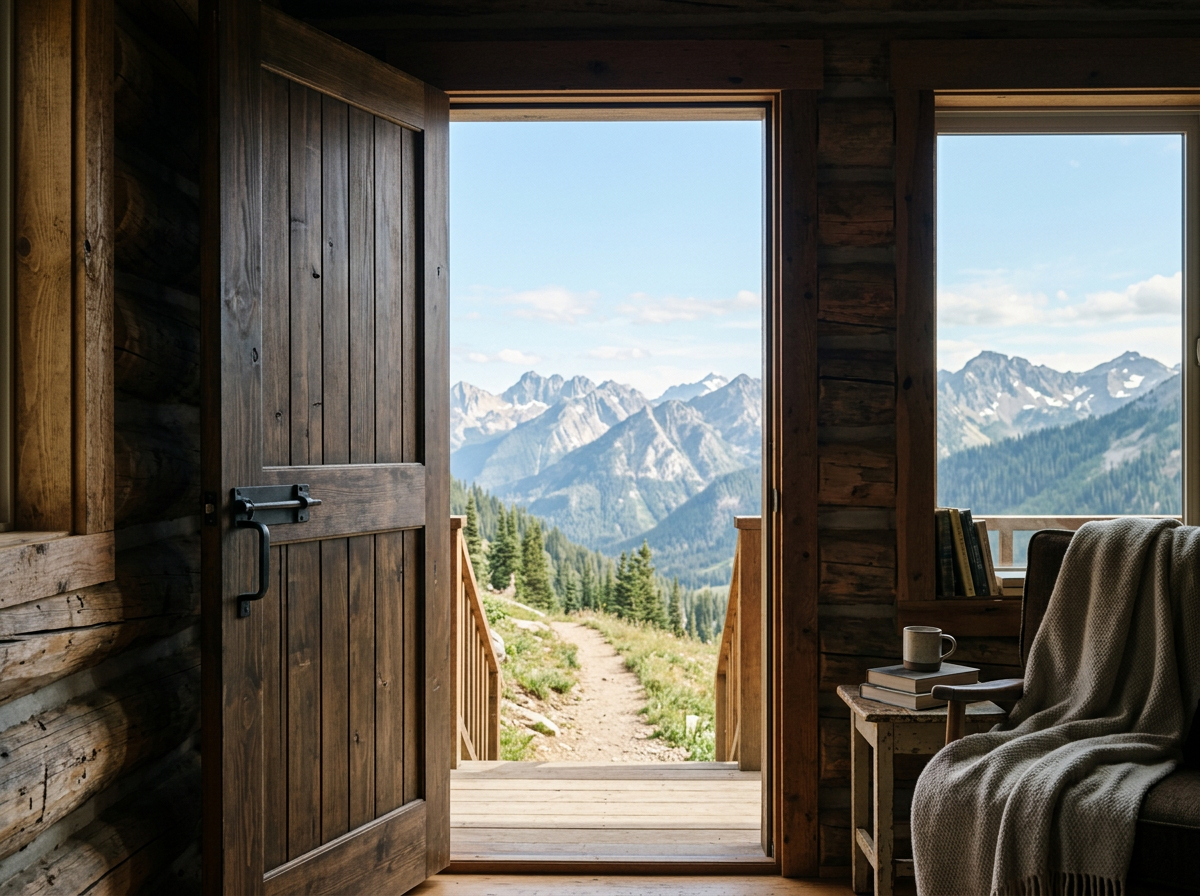 Open wooden door of a cabin leading to mountain view with trail, trees, and snow-capped peaks; cozy interior with chair, blanket, books, and coffee mug near window.