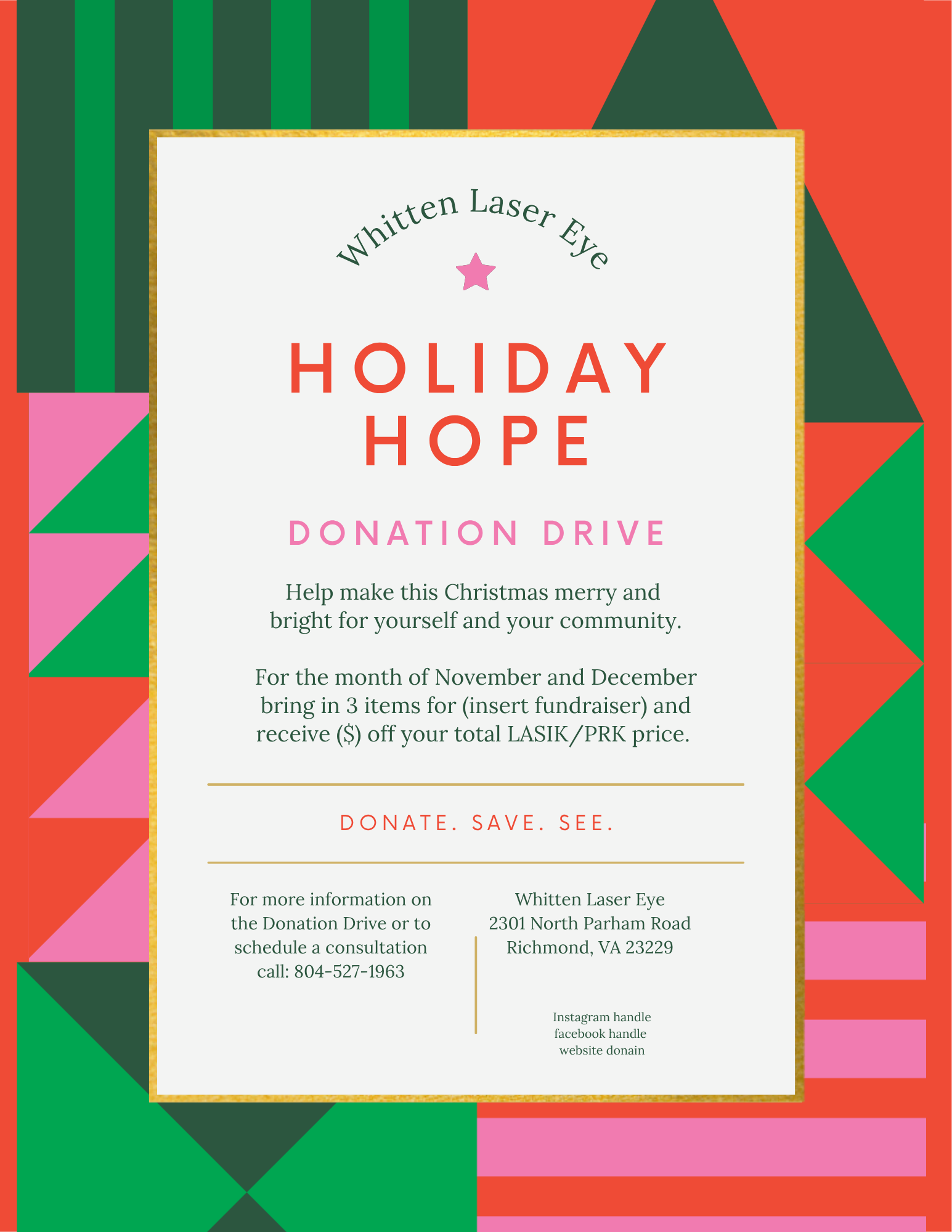 A festive flyer for a holiday donation drive by Whitten Laser Eye, with Christmas-themed colors and geometric patterns, inviting donations in November and December to support community programs and LASIK or PRK procedures.