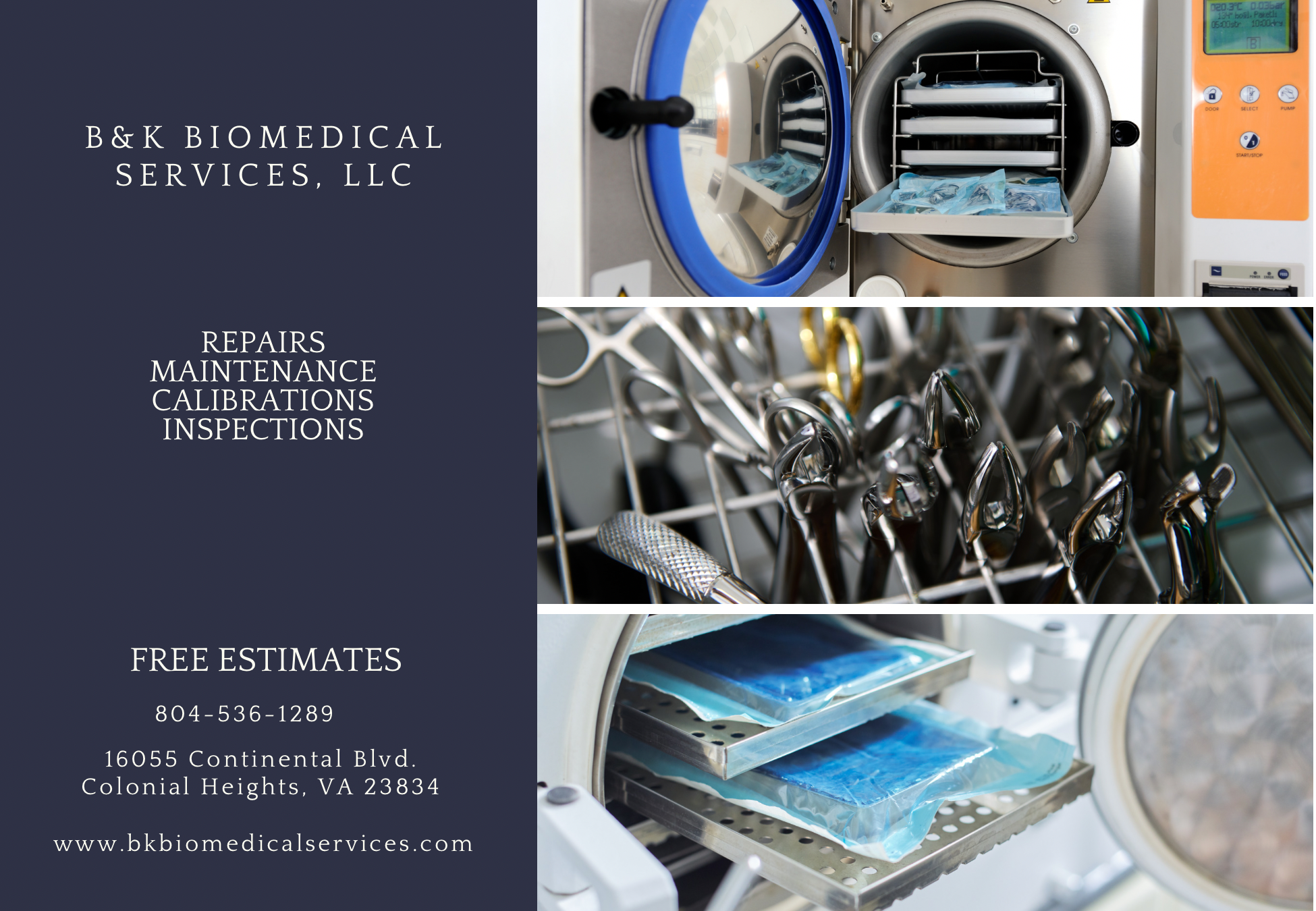 Advertisement for B&K Biomedical Services, LLC featuring images of sterilization equipment, surgical instruments, and sterilization trays with a navy blue background and white text providing contact information, services offered, and a website.