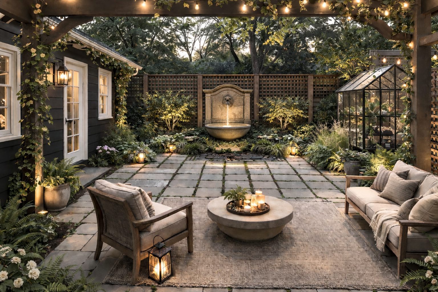 Outdoor patio decorated with string lights, potted plants, a fountain, and cozy seating with candles.