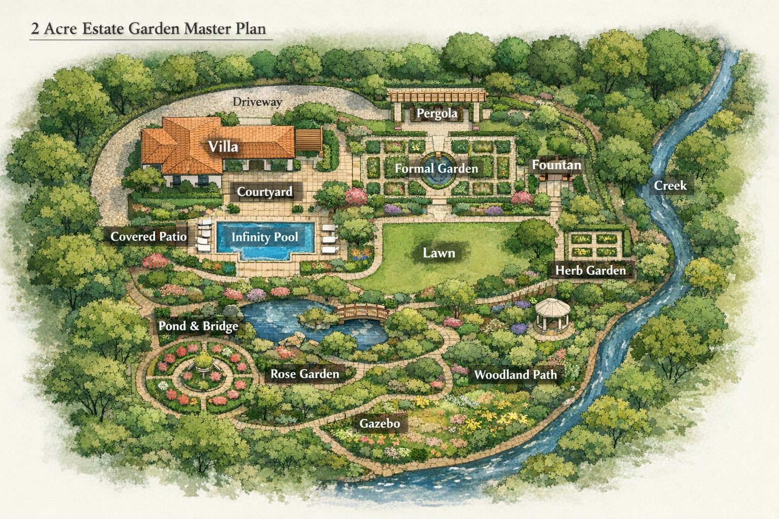 Illustrated layout of a garden with labeled features including a villa, driveway, pergola, formal garden, fountain, lawn, herb garden, creek, woodland path, gazebo, rose garden, pond with bridge, infinity pool, courtyard, covered patio, and trees.