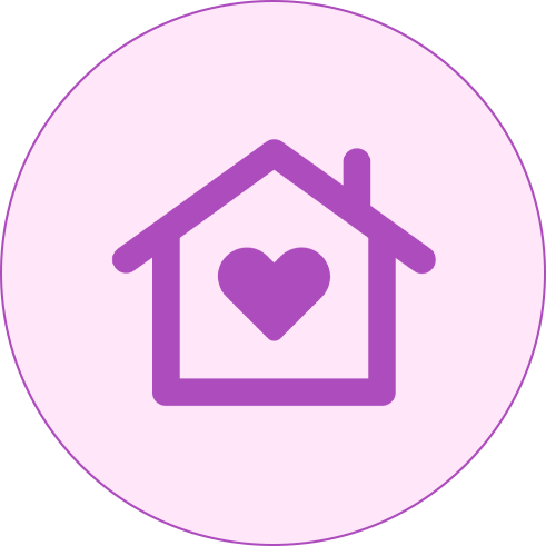 Purple heart inside a house icon on a light pink circular background