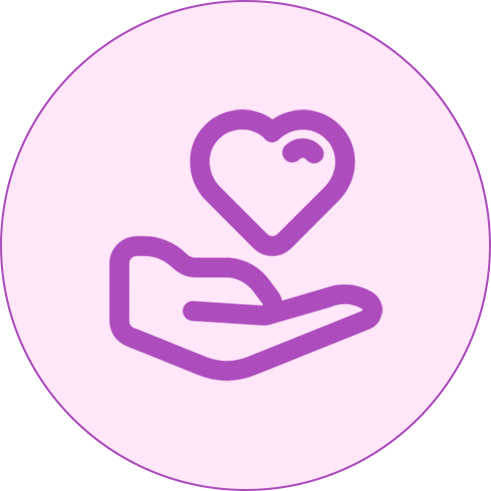 Purple hand holding a heart icon on a light pink circular background