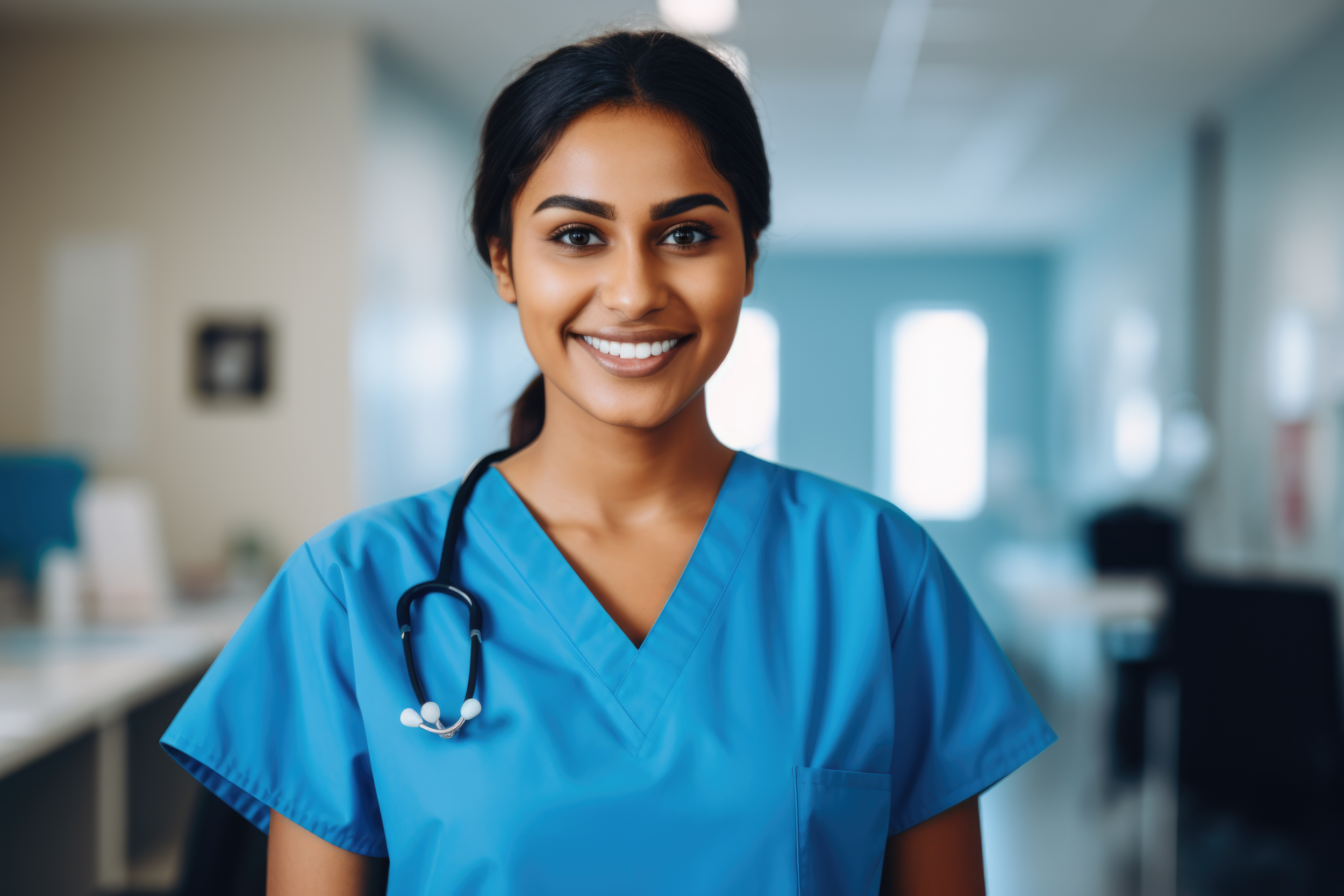 A smiling female nurse wearing blue scrubs with a stethoscope around her neck in a brightly lit hospital corridor.