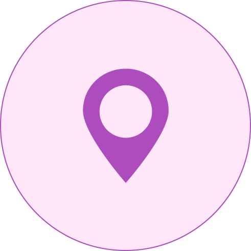Purple location pin icon centered on a light pink circular background