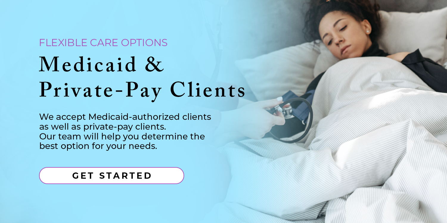 Healthcare banner featuring a sleeping woman in bed and text about Medicaid and private-pay client care options.