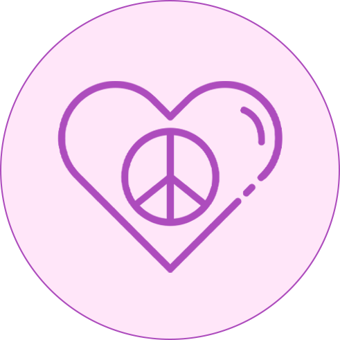 Purple peace symbol inside a heart on a light pink circular background