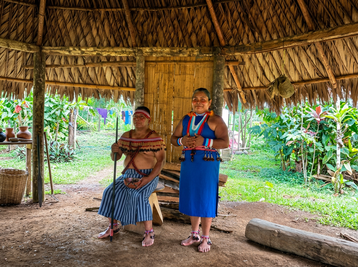 Two indigenous women in traditional attire inside a thatched hut with lush greenery outside.