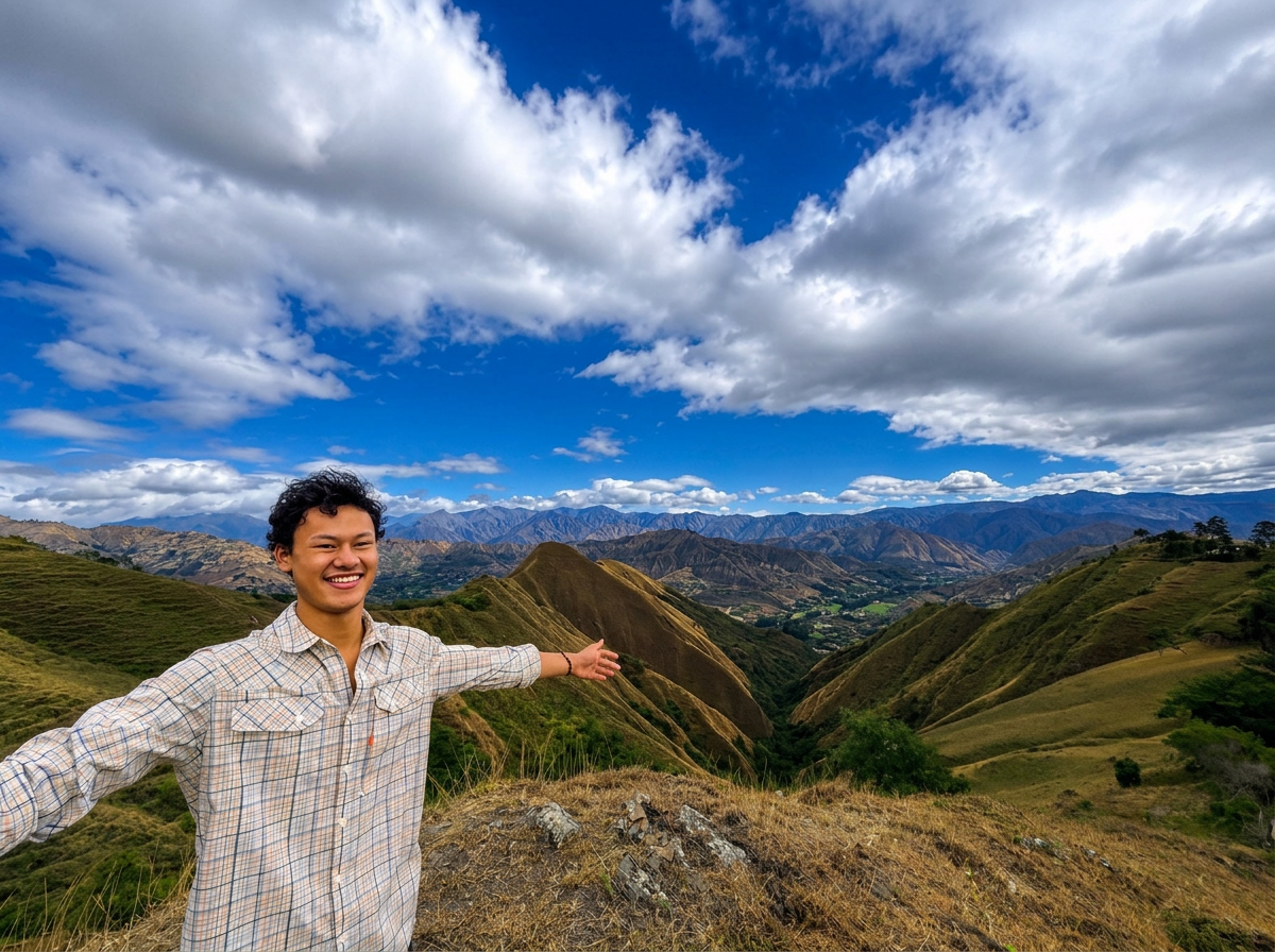 A smiling person with arms outstretched standing in front of rolling green hills and mountains under a partly cloudy sky. PUKAR MAKANI NEPAL — PUKAR MAKANI LUND

CEREMONY