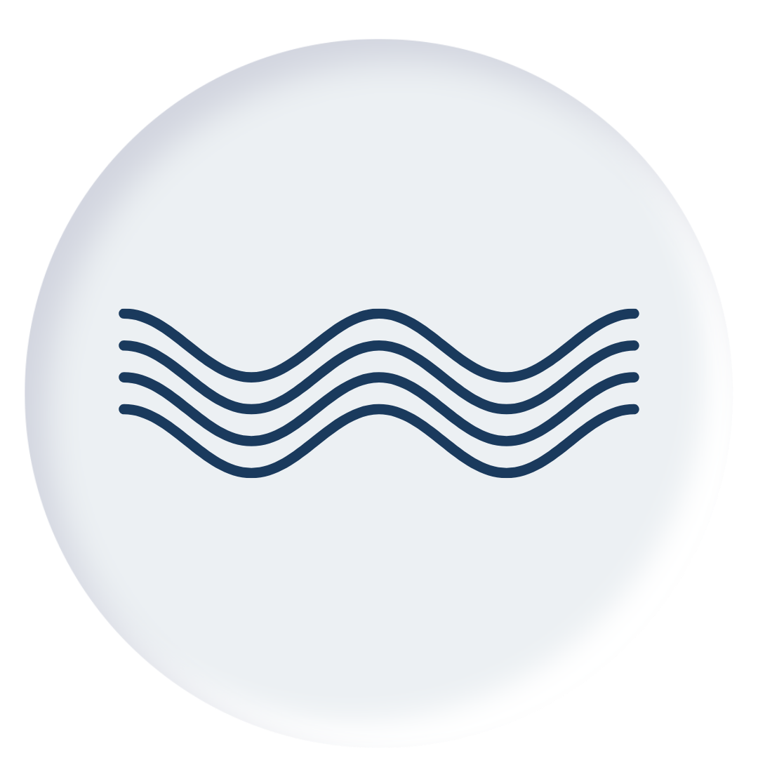 Icon of three wavy lines representing water, on a white circular background.