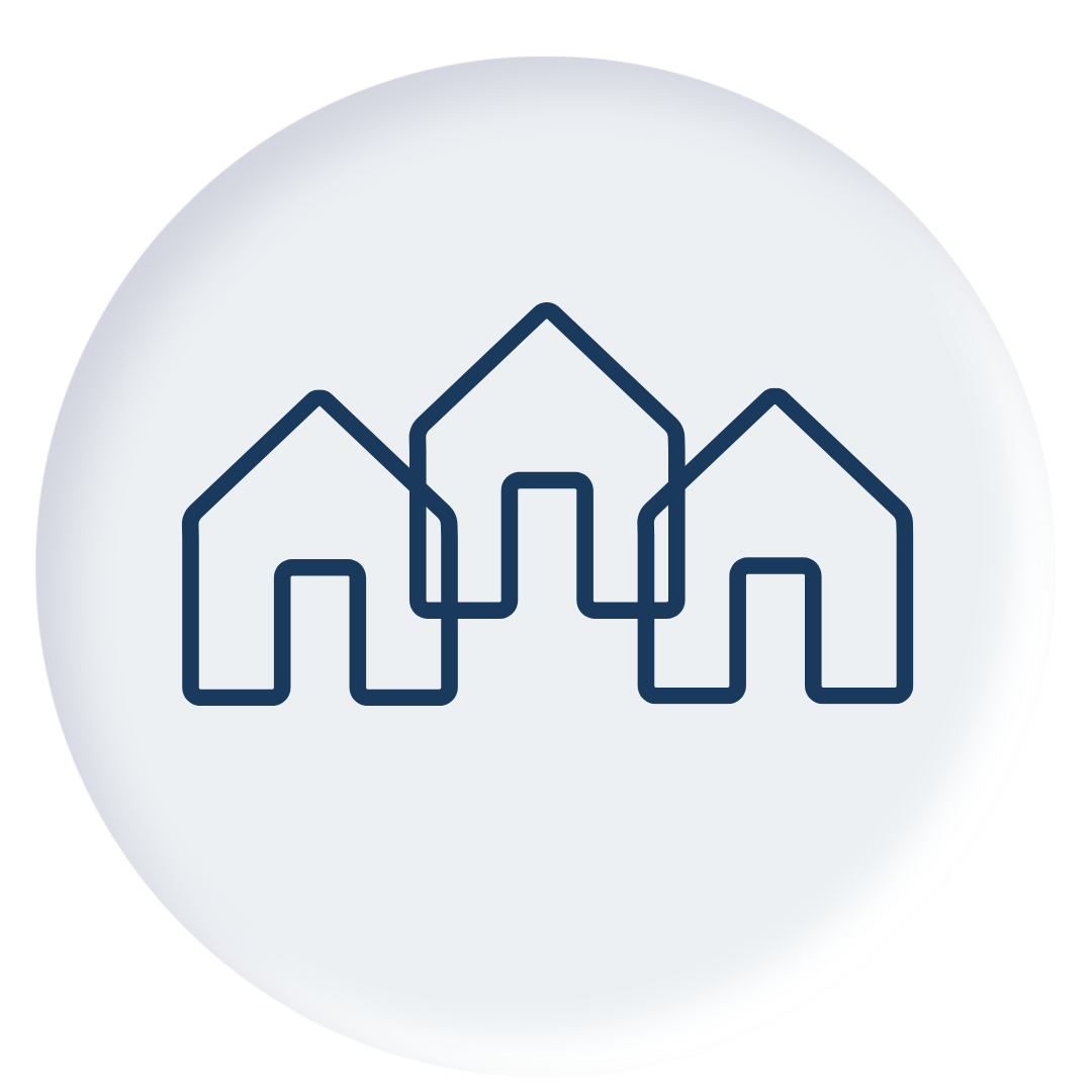 Line art icon of three connected houses with simple triangular roofs and rectangular doors.