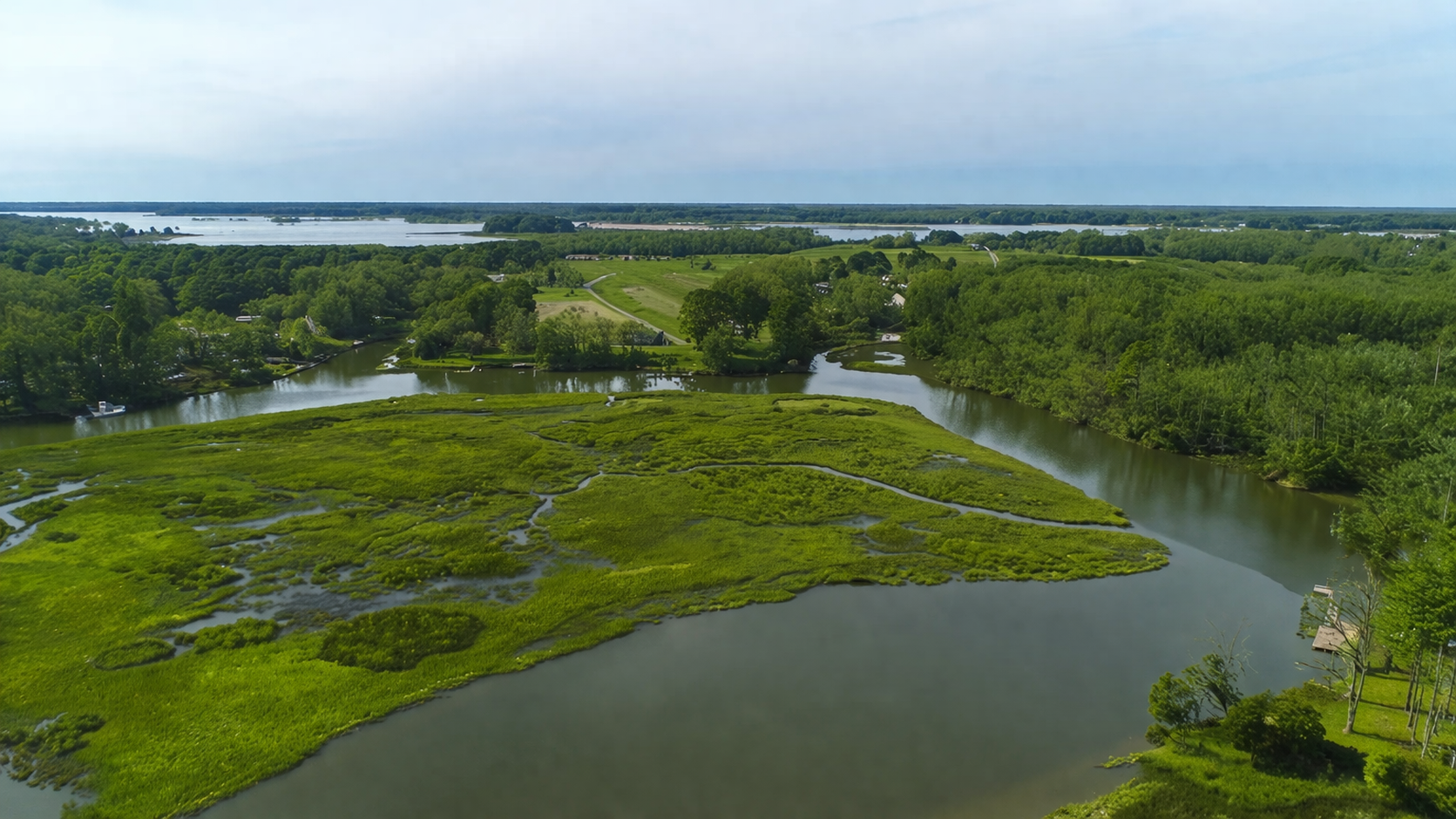 An aerial view of a lush green landscape with winding rivers, marshlands, trees, and a few houses. In the background, there is a body of water and a cloudy sky.
