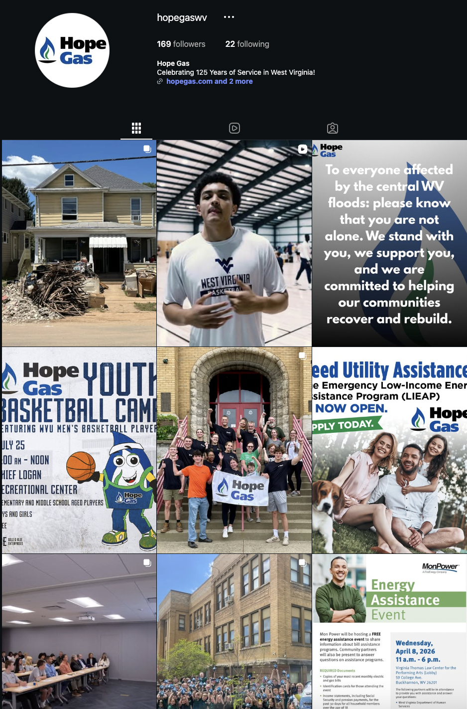 Hope Gas is a West Virginia natural gas utility celebrating 125 years of service. I created and scheduled content covering community events, utility assistance programs, and brand campaigns across the company's social channels.