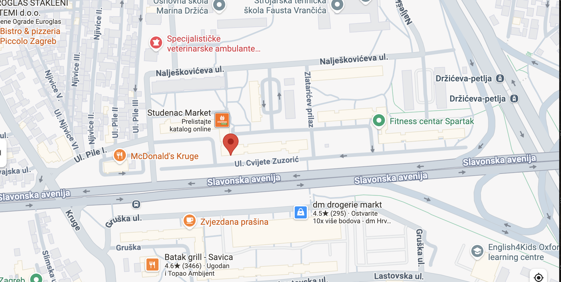 A detailed map of a city area with streets, landmarks, and businesses including McDonald's, a pet clinic, a fitness center, a supermarket, and several restaurants and cafes.