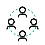 Icon of four people connected in a circle, representing a group or team
