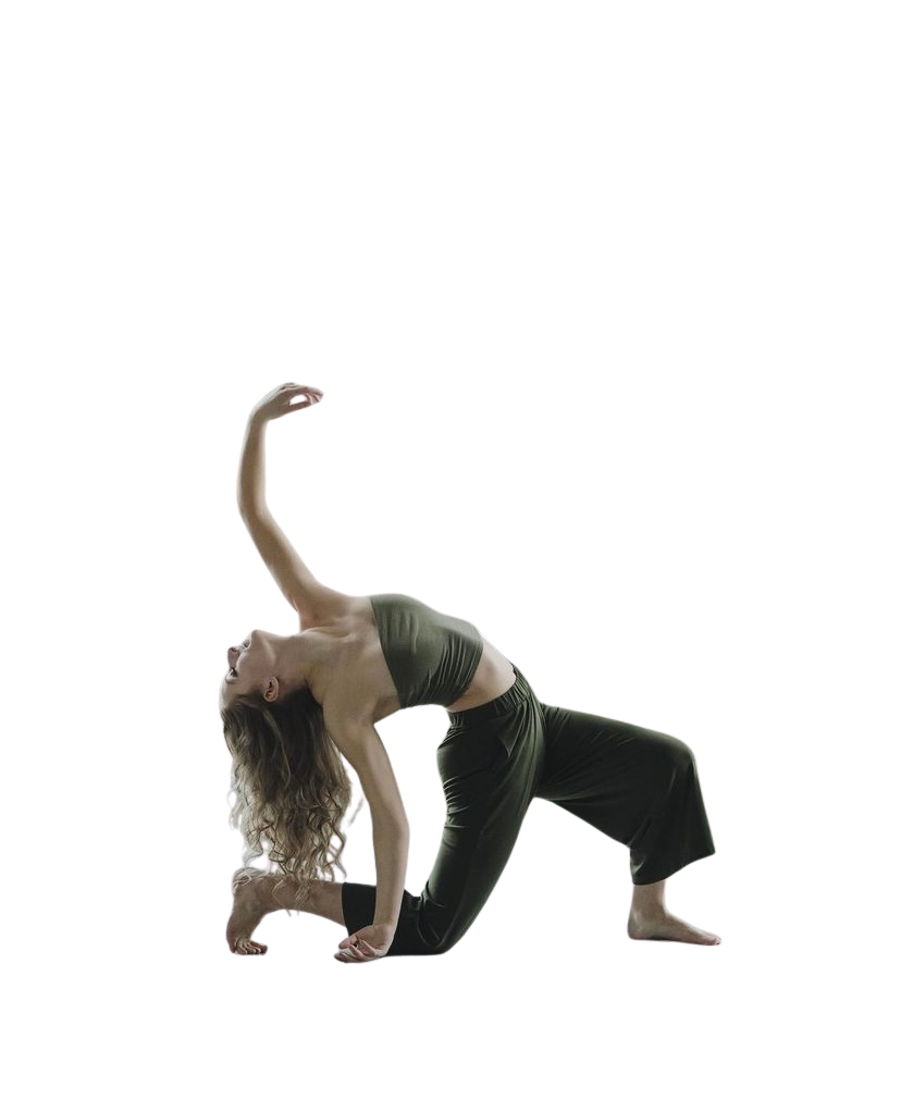 Woman practicing dance in a pose balancing on all fours with one arm raised overhead.