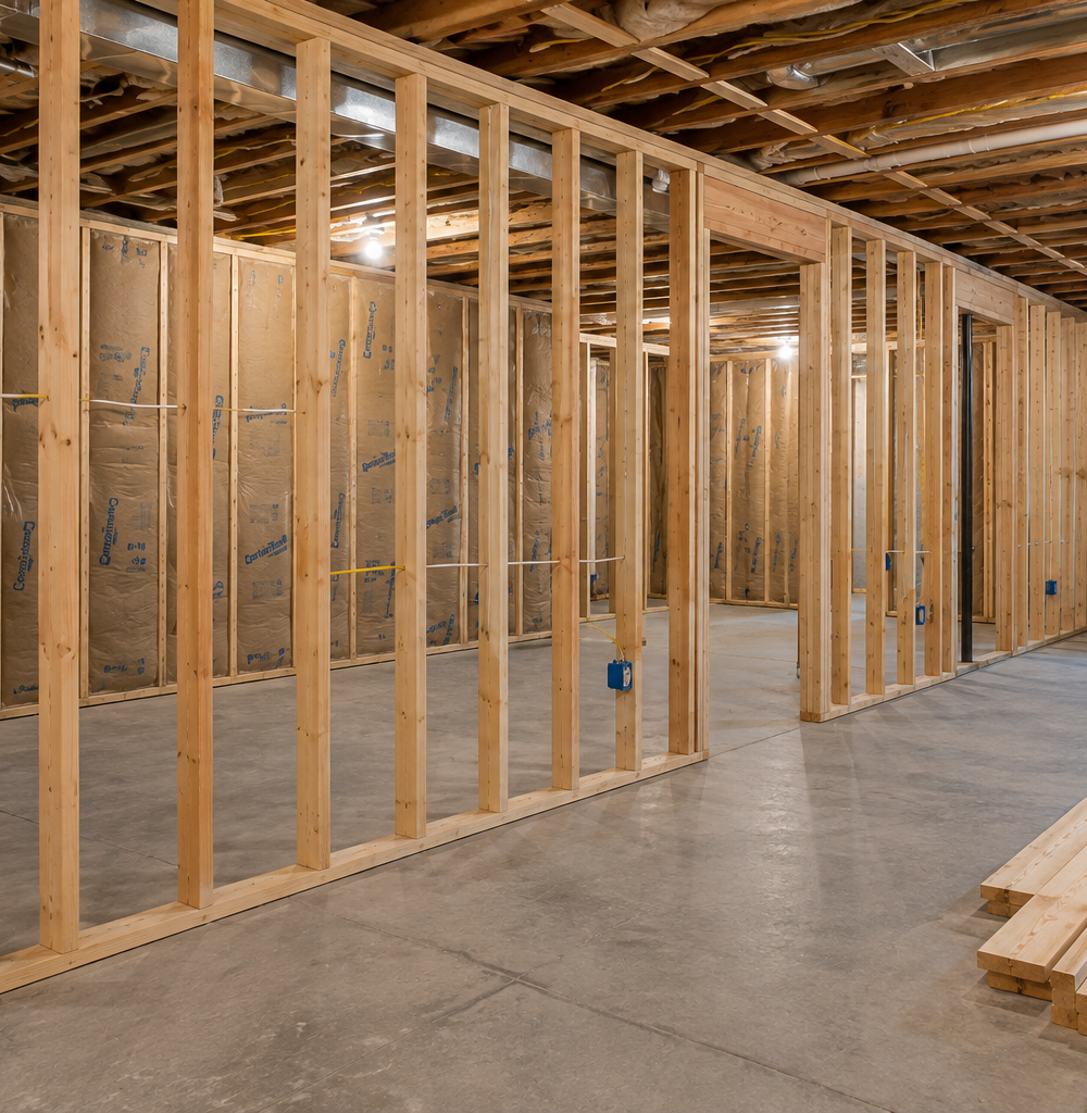 Interior of a building under construction with wooden framing and exposed ceiling, with no drywall installed yet.