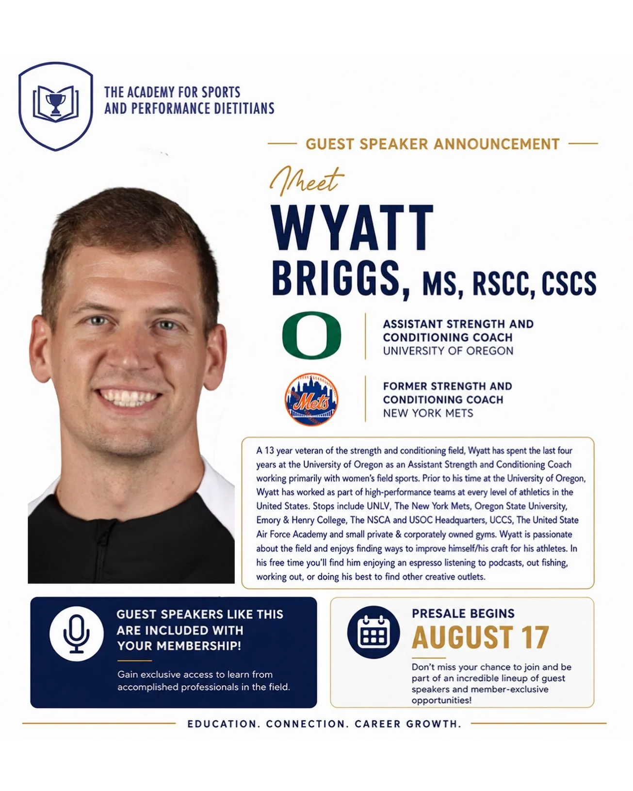🏋️ GUEST SPEAKER ANNOUNCEMENT | Wyatt Briggs, MS, RSCC, CSCS

We&rsquo;re excited to welcome Wyatt Briggs, MS, RSCC, CSCS as one of this year&rsquo;s guest speakers for The Academy For Sports And Performance Dietitians! 👏

Wyatt is an Assistant Str