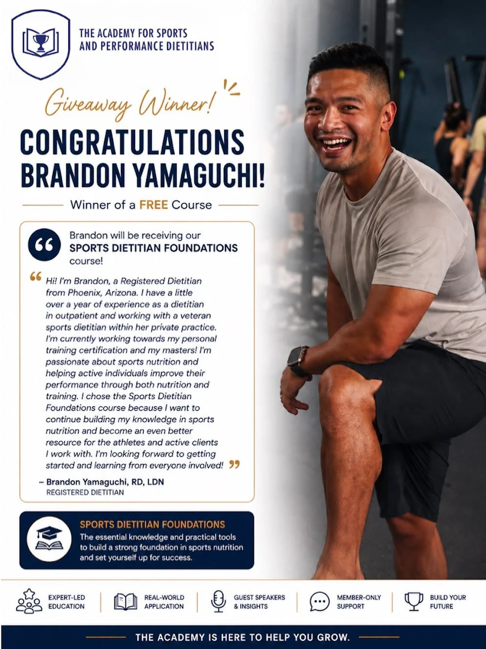 🎉 Congratulations to our giveaway winner Brandon Yamaguchi, RD, LDN! 👏

Brandon has chosen our Sports Dietitian Foundations course and we&rsquo;re excited to welcome him to The Academy For Sports And Performance Dietitians 🏆

Already working as a 
