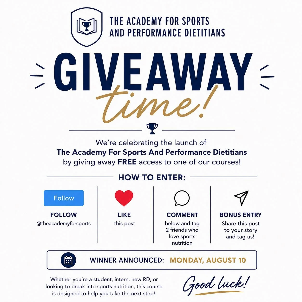🎉 GIVEAWAY TIME 🎉

To celebrate the upcoming launch of The Academy For Sports And Performance Dietitians, we&rsquo;re giving away FREE access to one of our sports nutrition courses 🏆

Course 1: 📚 Sports Dietitian Foundations 
Course 2: 🚀 Career 