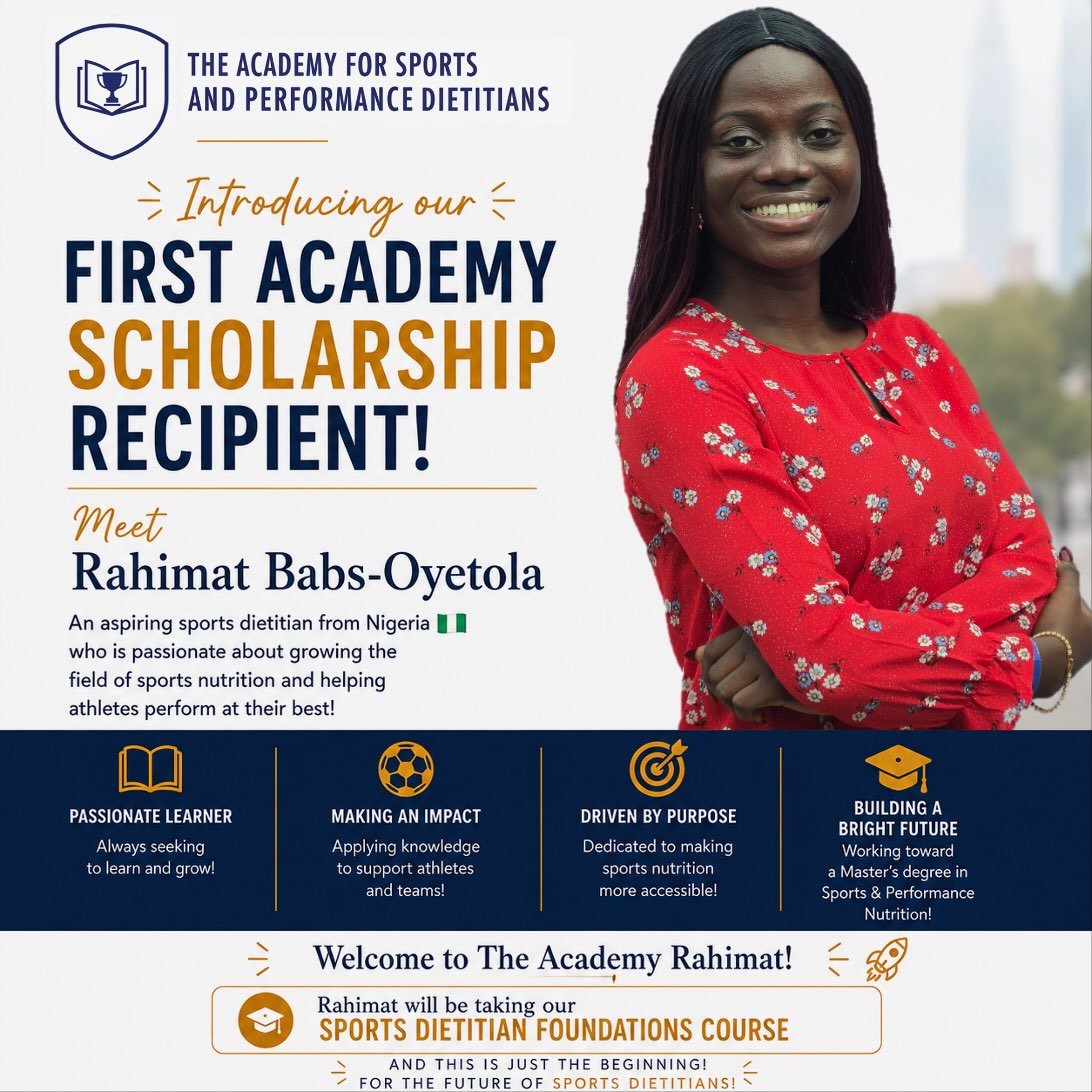 🎓 Introducing our first Academy Scholarship Recipient! 

Meet Rahimat Babs-Oyetola, an aspiring sports dietitian from Nigeria 🇳🇬 who is working toward building a career in sports nutrition and helping grow the field in her home country 🙌

Rahimat